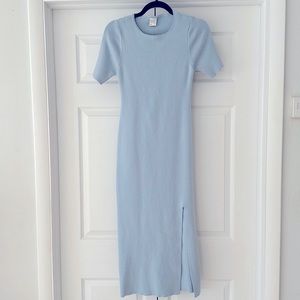 OPEN BACK SHORT SLEEVE KNIT MIDI DRESS STEEL BLUE